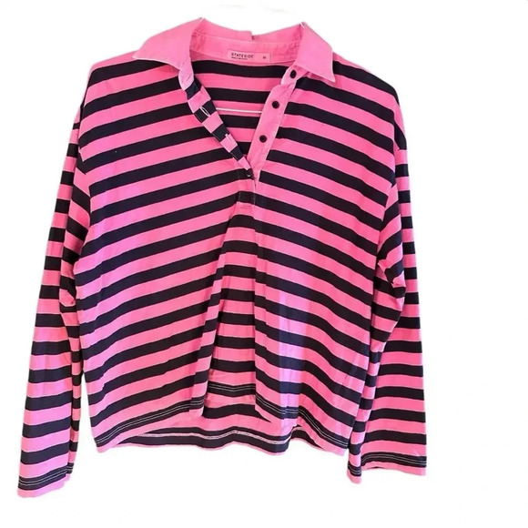 Stateside Tops - Stateside Black & Pink Striped Jersey Rugby Polo Shirt Top Size XS